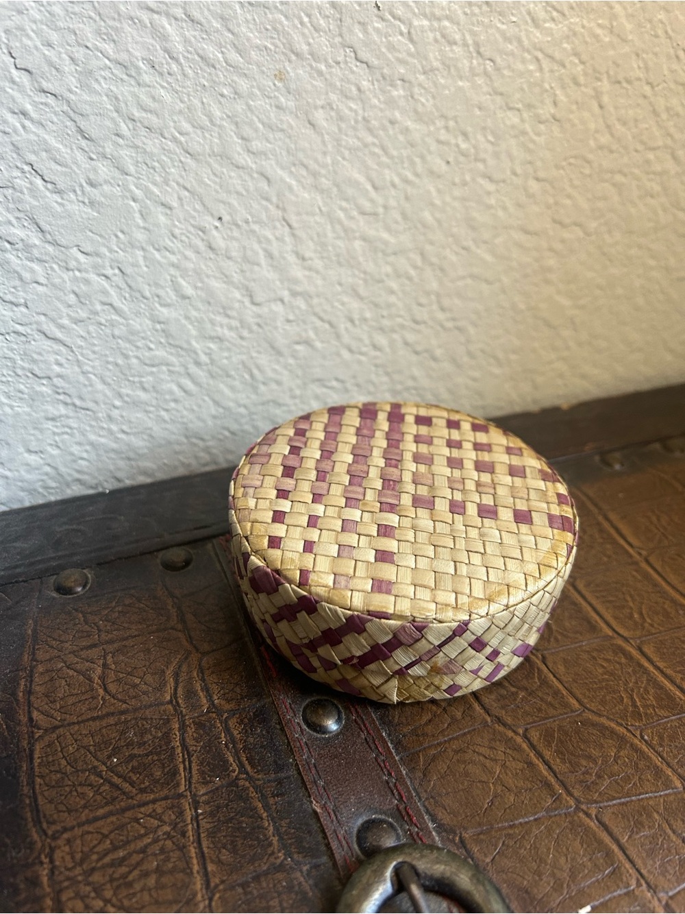 Handwoven Natural and Purple Round Trinket Box - Home Accents